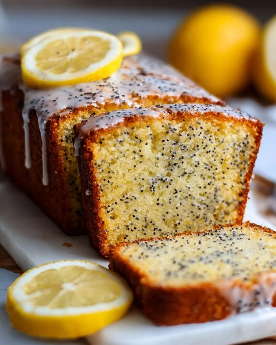 Slice of classic lemon poppy seed loaf with lemon zest and poppy seeds.
