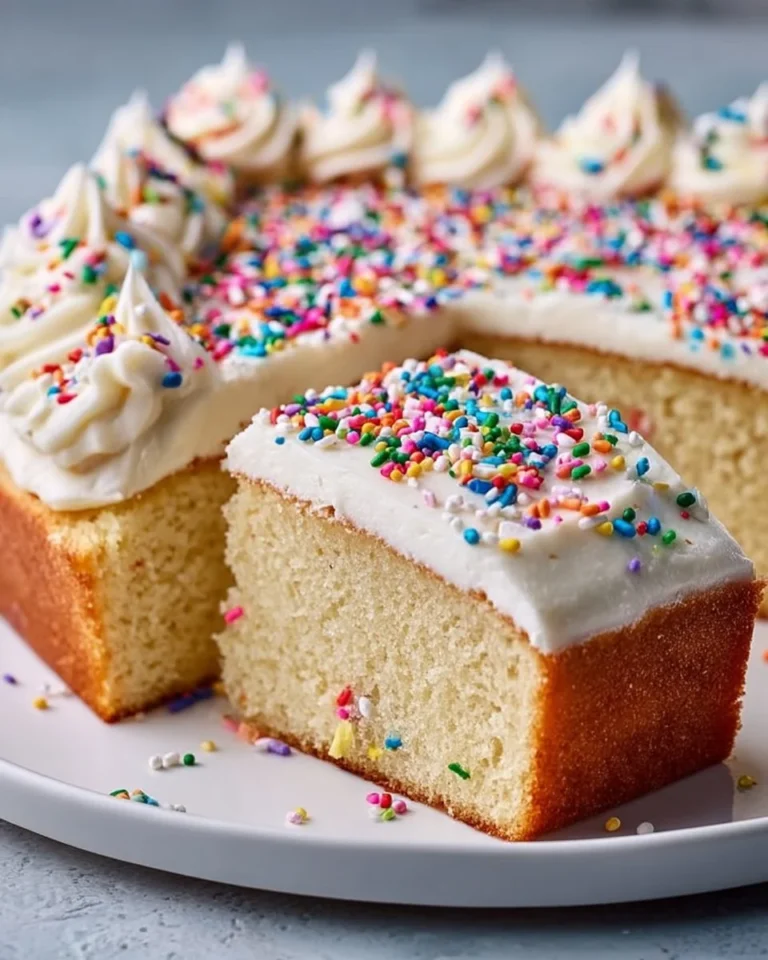 Classic vanilla sheet cake decorated with fresh fruit and frosting.