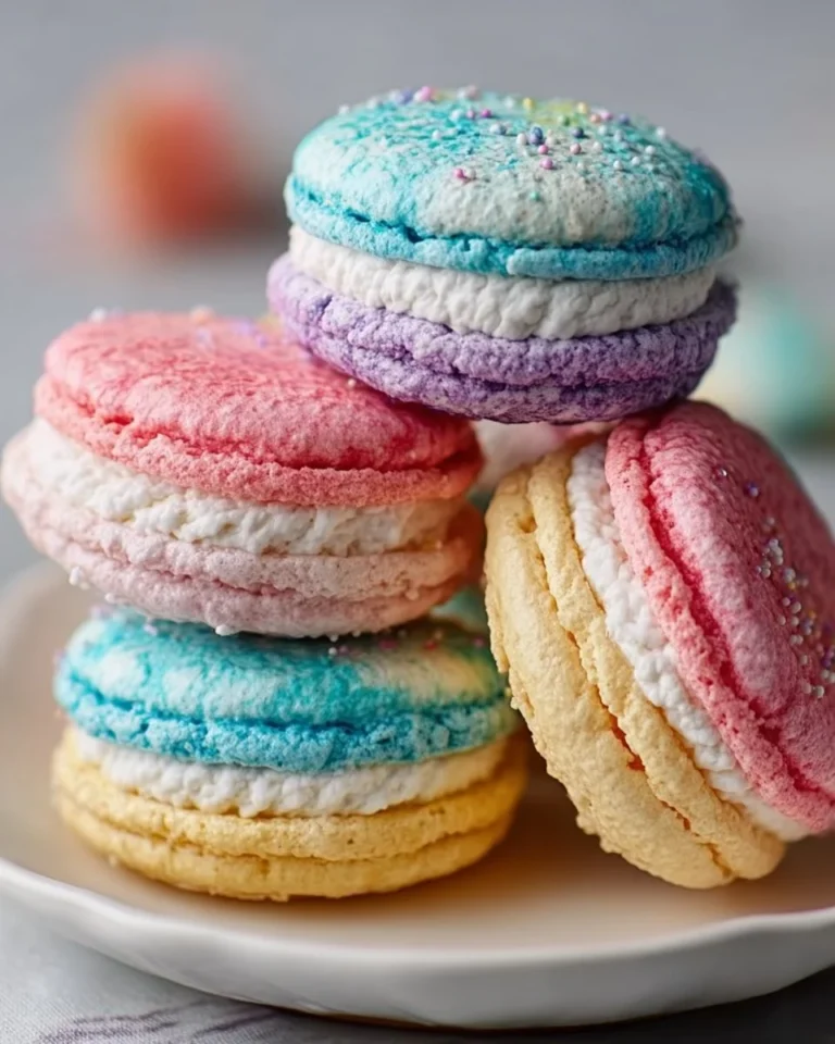 A vibrant assortment of colorful French macarons displayed beautifully.