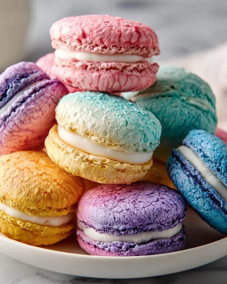 Assorted colorful French macarons displayed beautifully on a pastel background.