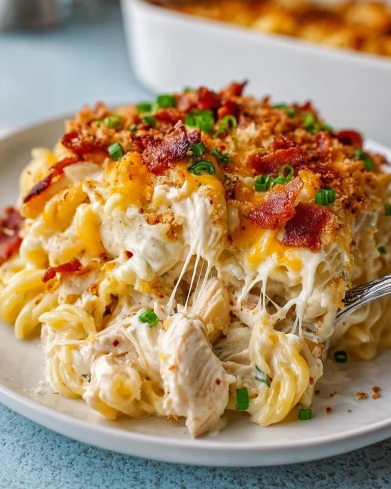 Delicious Crack Chicken Casserole ready to serve, topped with cheese and herbs.