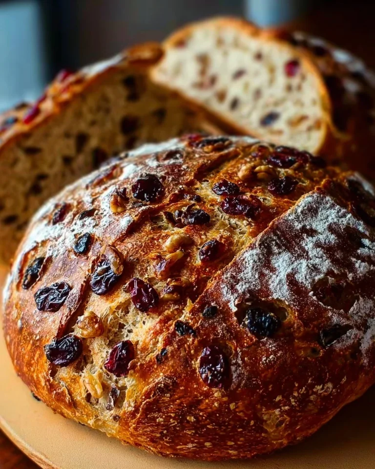 Cranberry Raisin Walnut Cinnamon Artisan Bread freshly baked and sliced.