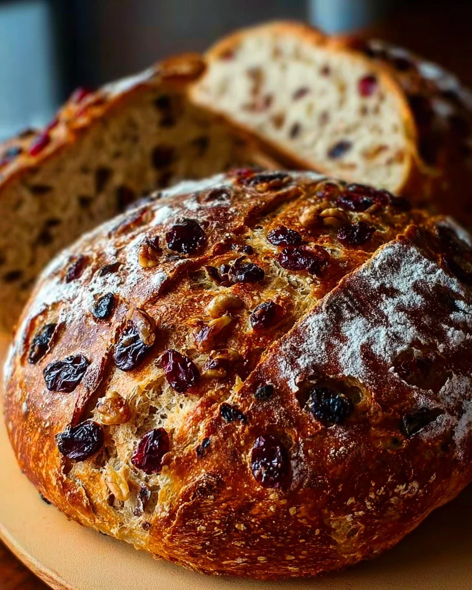 Cranberry Raisin Walnut Cinnamon Artisan Bread freshly baked and sliced.