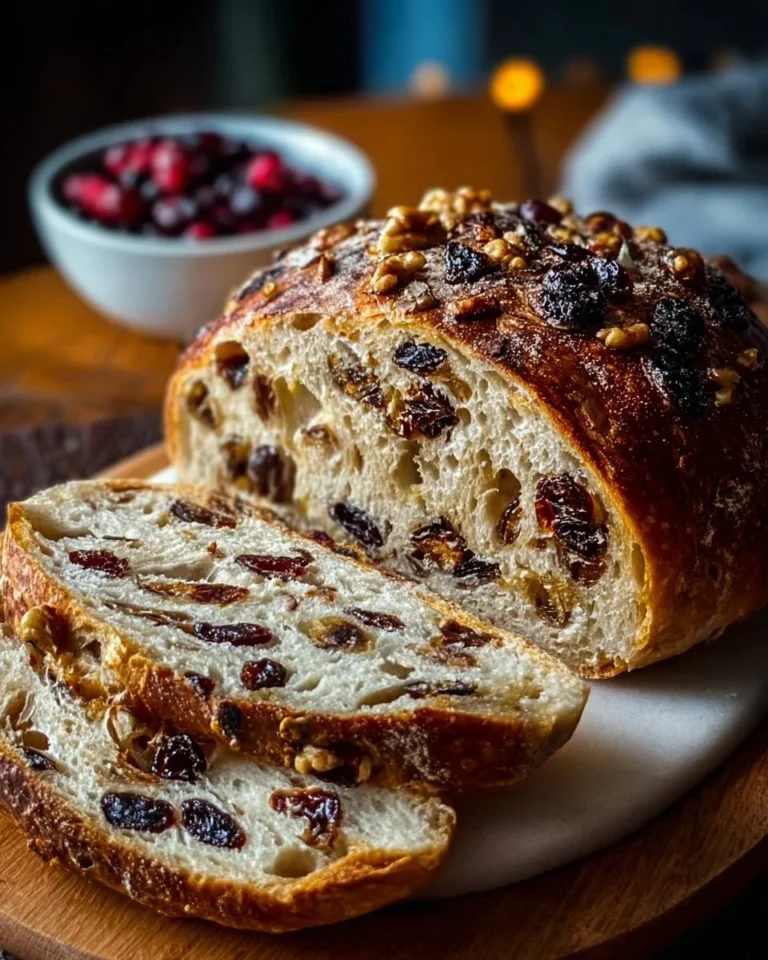 Freshly baked Cranberry Raisin Walnut Cinnamon Artisan Bread loaf on a wooden board.