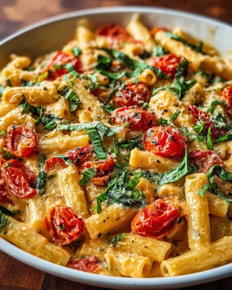 Creamy basil tomato pasta dish garnished with fresh basil and cherry tomatoes.