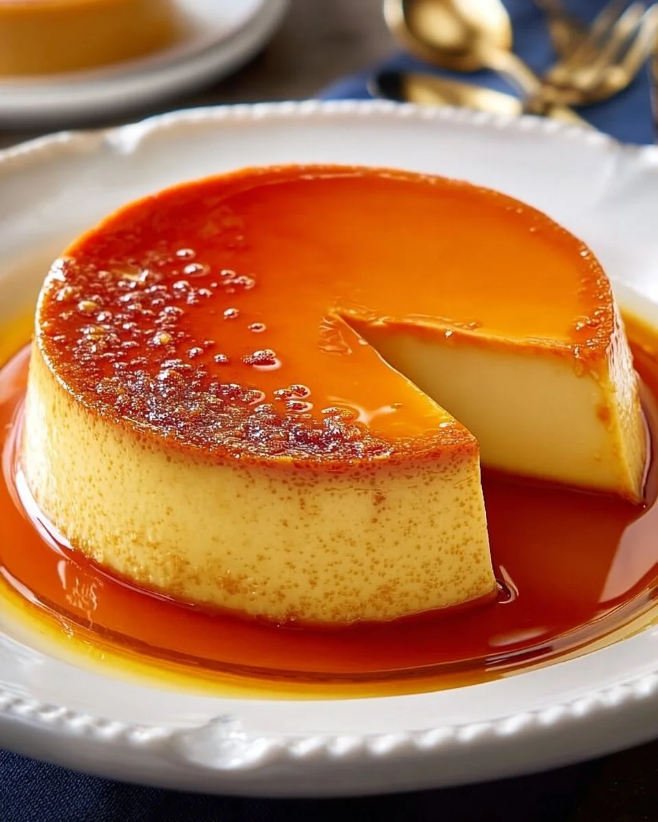 Delicious creamy caramel flan dessert topped with caramel sauce