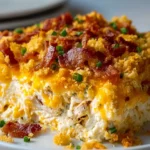 Delicious creamy Crack Chicken Casserole served in a baking dish