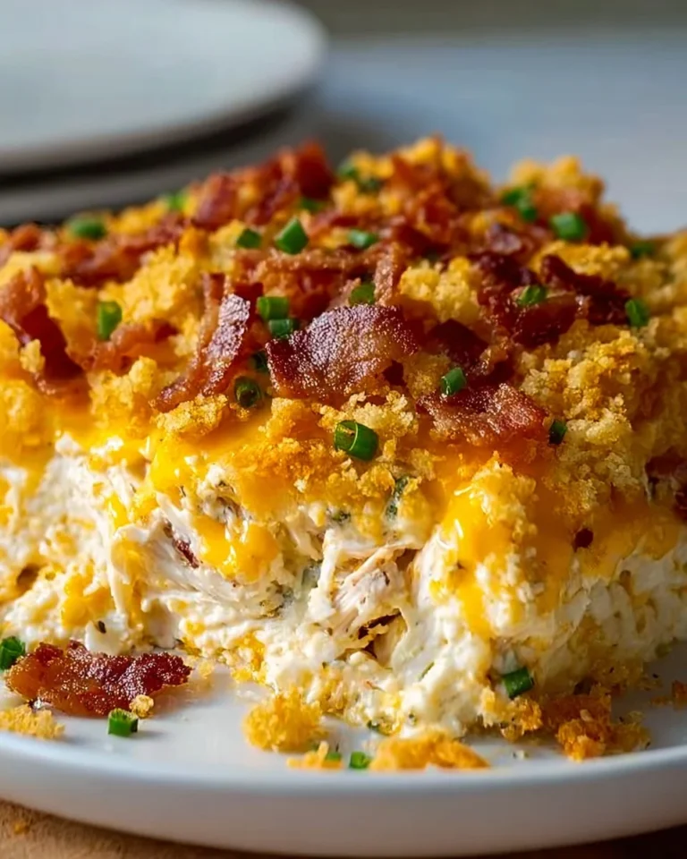 Delicious creamy Crack Chicken Casserole served in a baking dish
