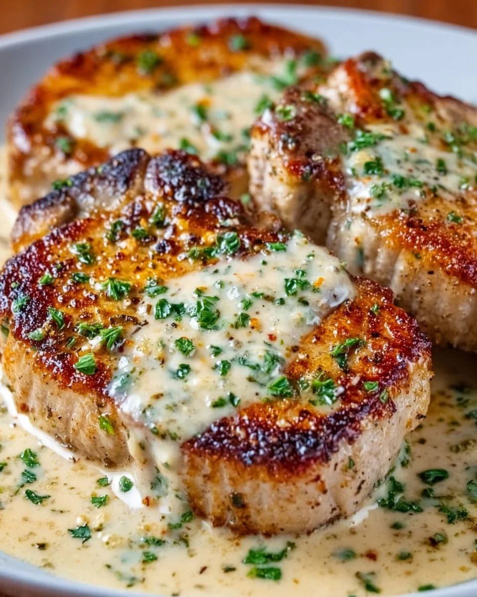 Creamy garlic parmesan keto pork chops served on a plate