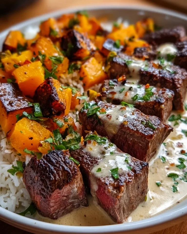 Creamy garlic steak served over butternut squash in a delicious bowl.