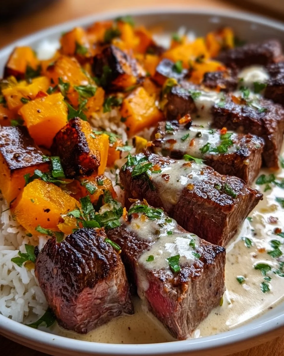 Creamy garlic steak served over butternut squash in a delicious bowl.