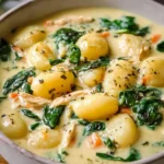 Creamy gnocchi soup in a bowl garnished with herbs and served hot