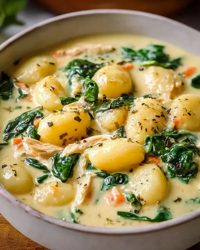 Creamy gnocchi soup in a bowl garnished with herbs and served hot