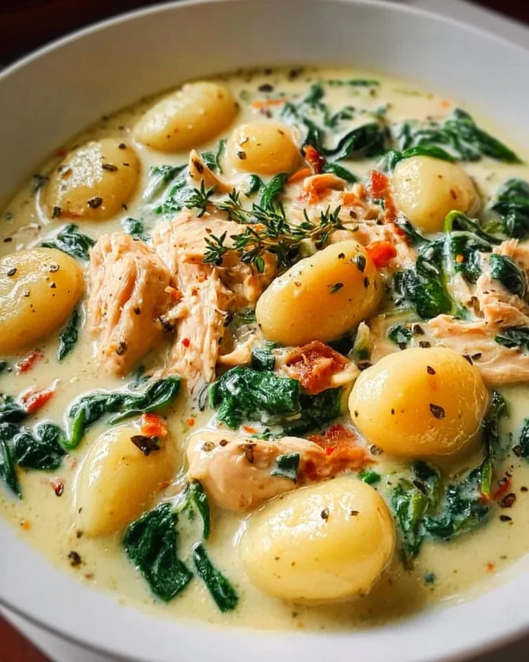 Bowl of creamy gnocchi soup with fresh herbs and vegetables