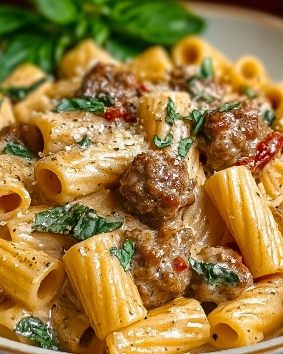 Creamy Italian Sausage Rigatoni in a delicious sauce served in a bowl