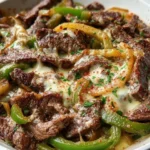 Creamy Keto Philly Cheesesteak Skillet with melted cheese and peppers