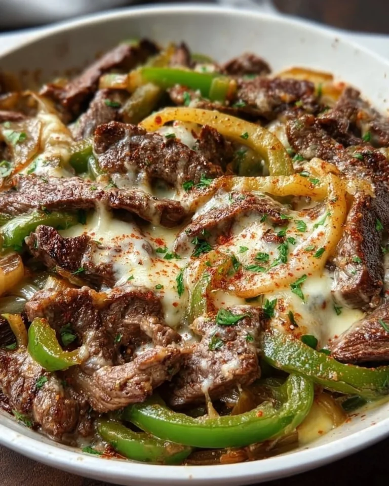 Creamy Keto Philly Cheesesteak Skillet with melted cheese and peppers
