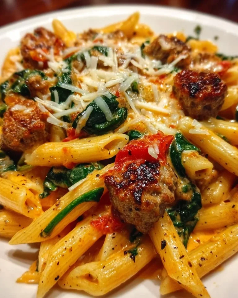 Creamy tomato sausage penne pasta served in a bowl with herbs.