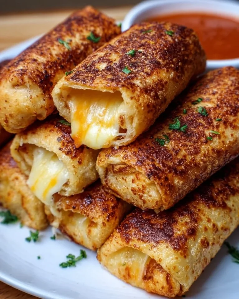 Delicious crispy cheesy roll-ups served on a plate with dipping sauce.