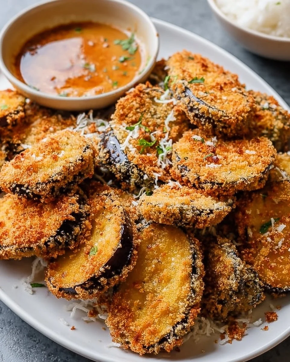 Crispy eggplant cutlet served with dipping sauce