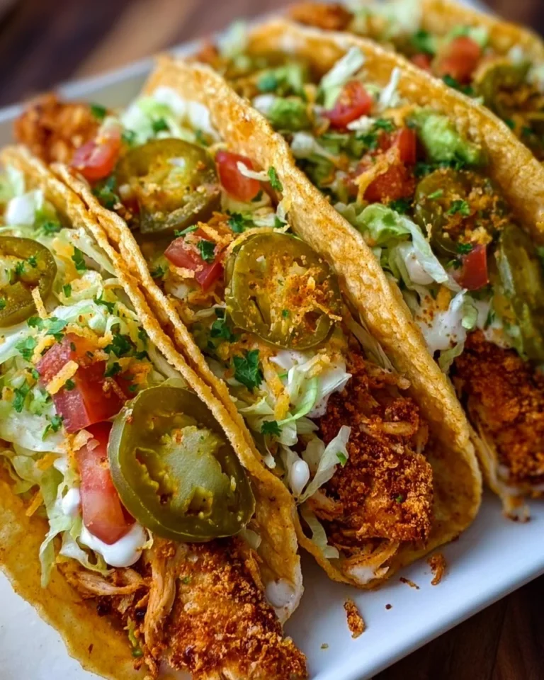 Crispy fried chicken tacos topped with fresh ingredients and served on tortillas.