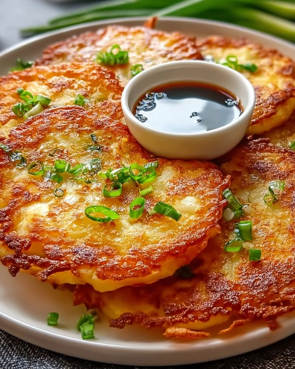 Crispy Korean potato pancakes served with dipping sauce