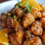 Crispy orange chicken served with a zesty citrus glaze on a plate.