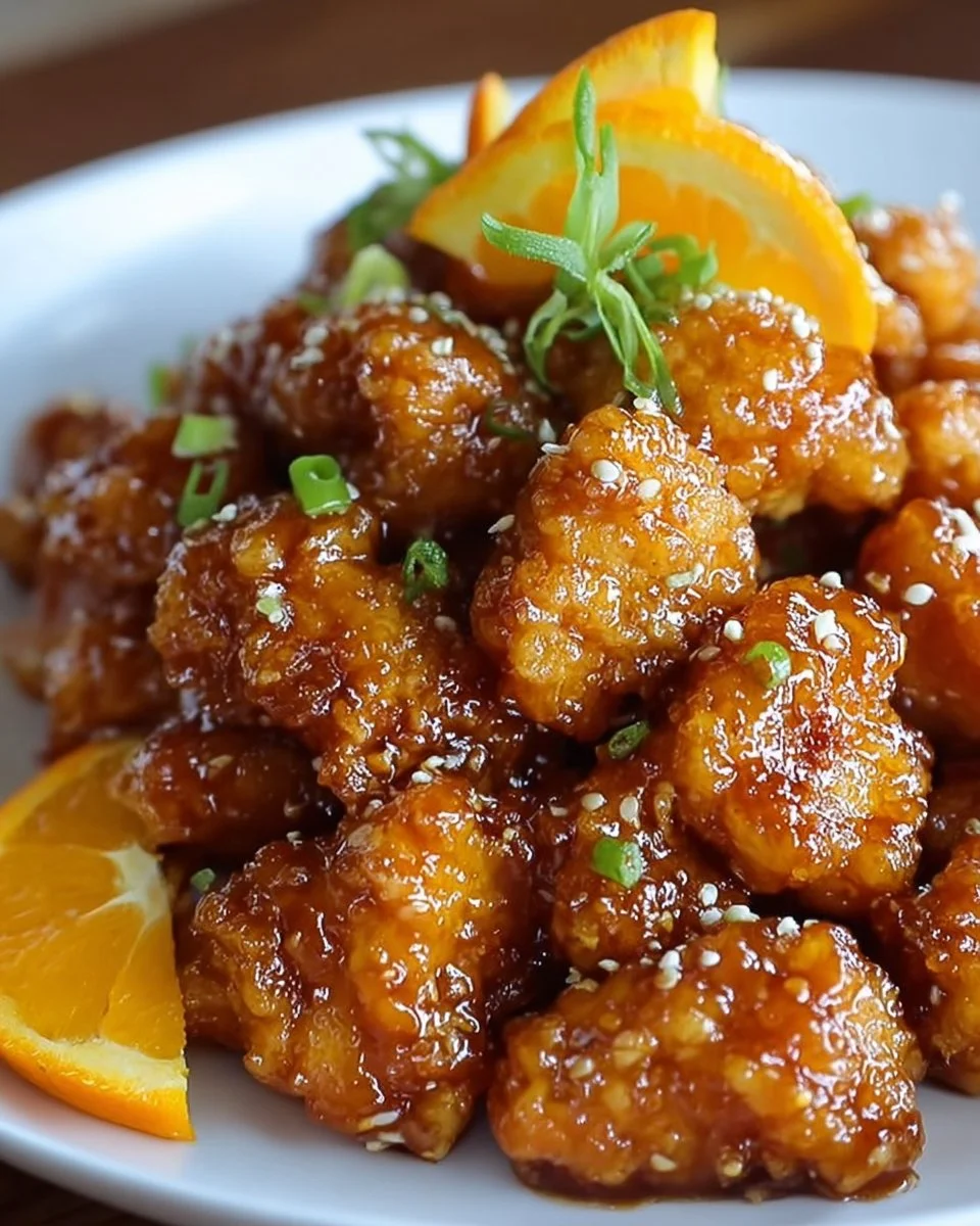 Crispy orange chicken served with a zesty citrus glaze on a plate.