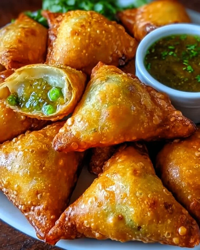 Crispy potato samosas freshly made and served with chutney.
