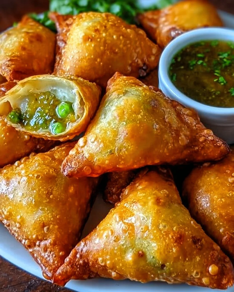 Crispy potato samosas freshly made and served with chutney.