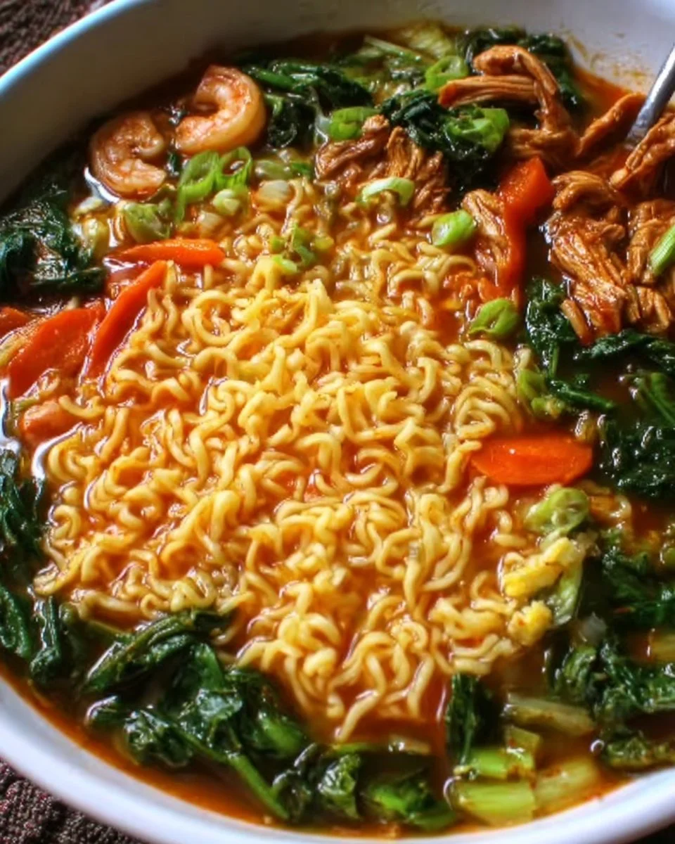 Bowl of homemade Crock Pot Ramen with fresh vegetables and broth