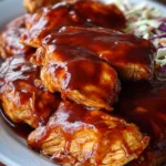 Delicious Crockpot BBQ Chicken served on a plate with coleslaw and cornbread.