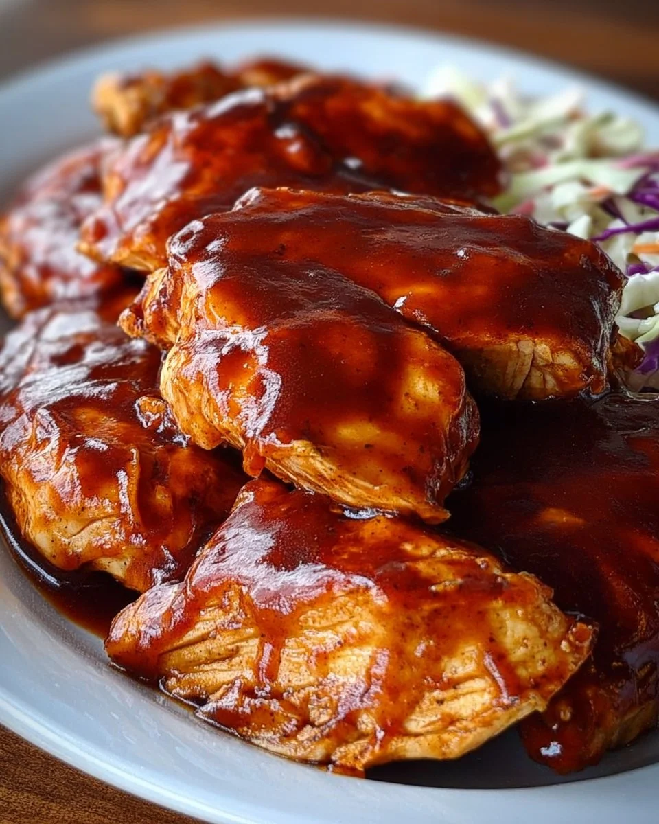 Delicious Crockpot BBQ Chicken served on a plate with coleslaw and cornbread.