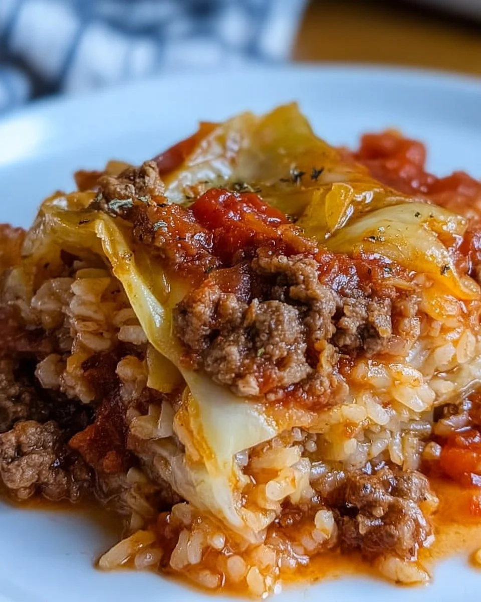 Delicious Crockpot Cabbage Roll Casserole dish served warm with toppings.