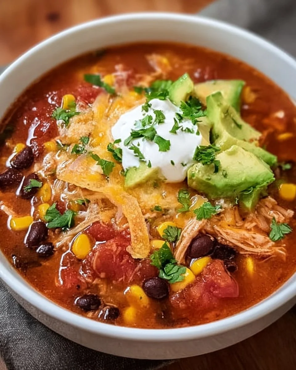 Bowl of delicious Crockpot Chicken Taco Soup topped with cheese and cilantro.