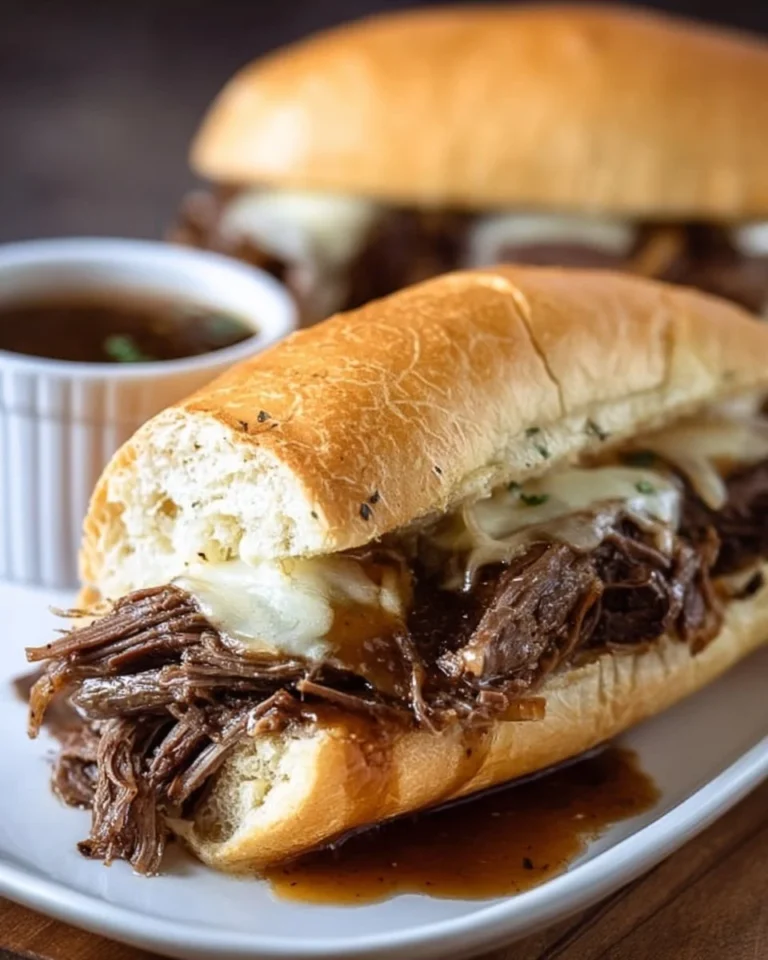 Crockpot French dip sandwiches served with au jus for dipping