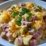 Crockpot Ham and Potato Casserole with creamy sauce and cheesy topping