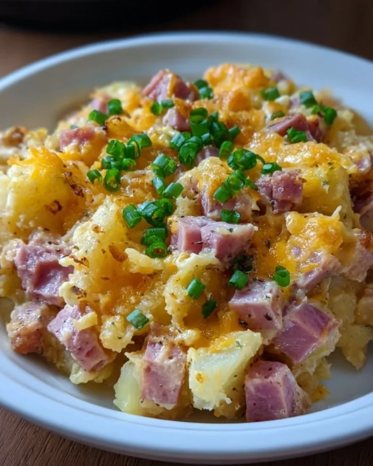 Crockpot Ham and Potato Casserole with creamy sauce and cheesy topping