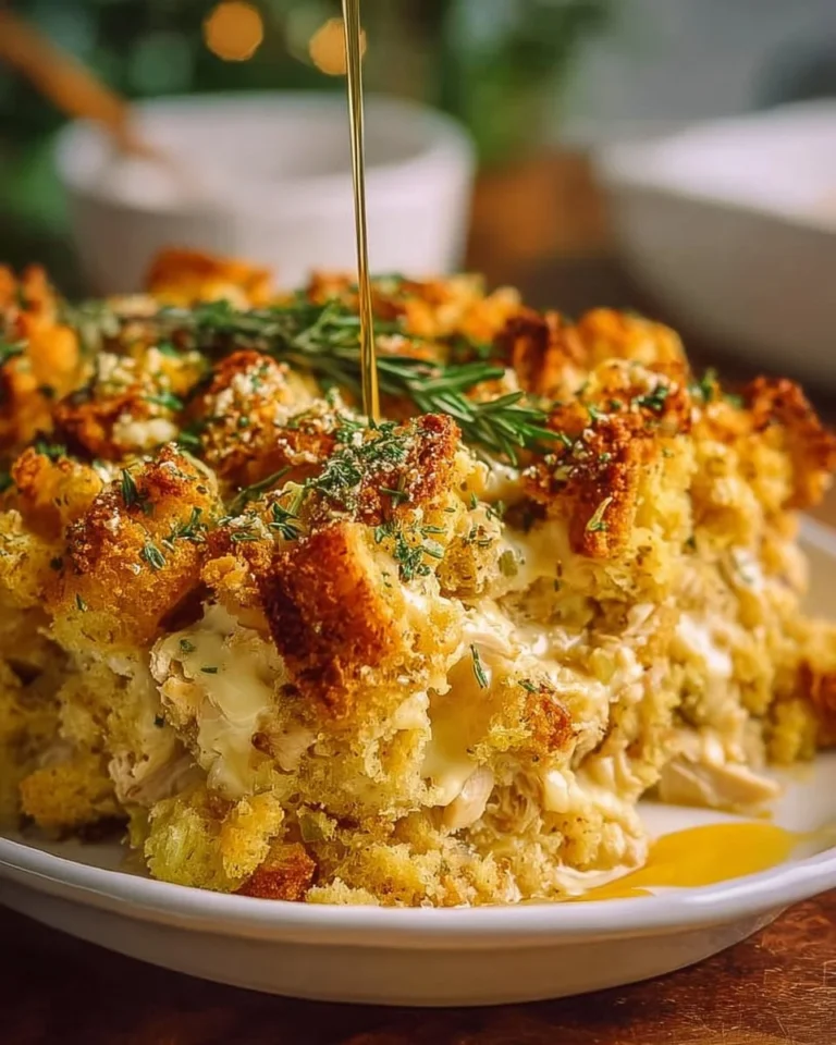 Delicious chicken and stuffing casserole ready to serve