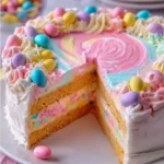 Colorful decorated Easter cake with bunny and egg designs