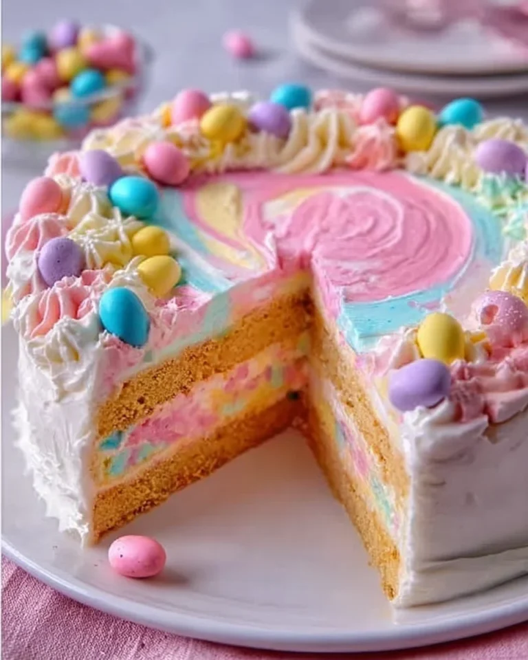 Colorful decorated Easter cake with bunny and egg designs