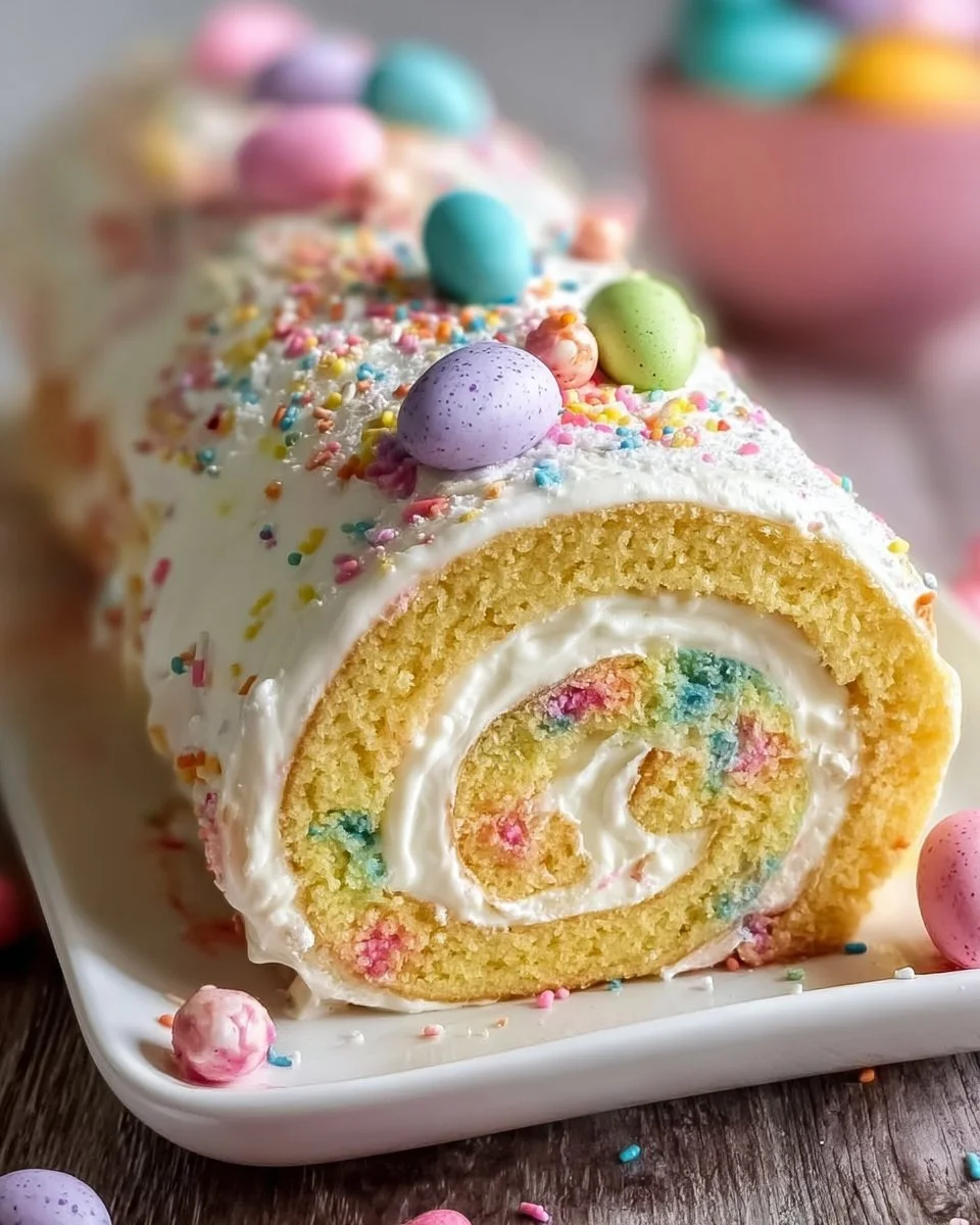 Festive Easter Cake Roll decorated with pastel colors and spring-themed designs