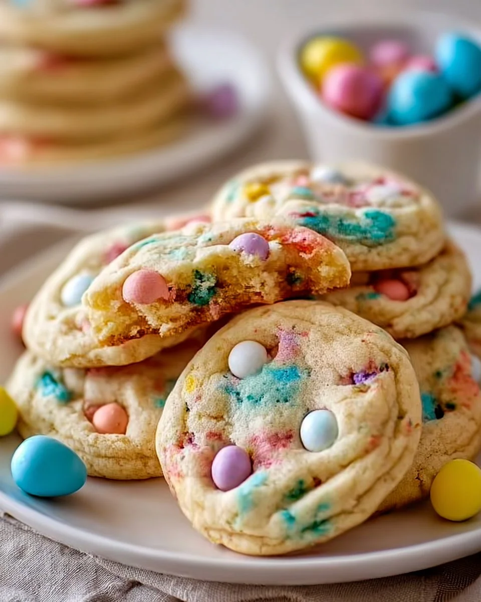 Plate of colorful Easter Funfetti cookies with sprinkles.