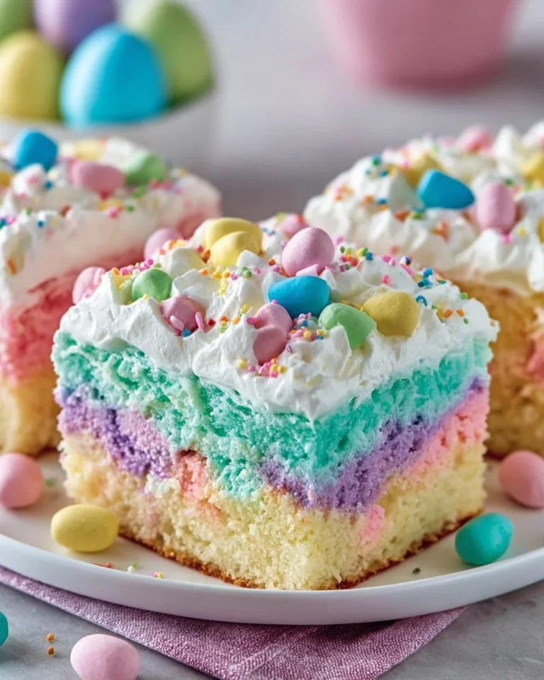 Delicious Easter Poke Cake decorated with pastel colors and festive motifs.