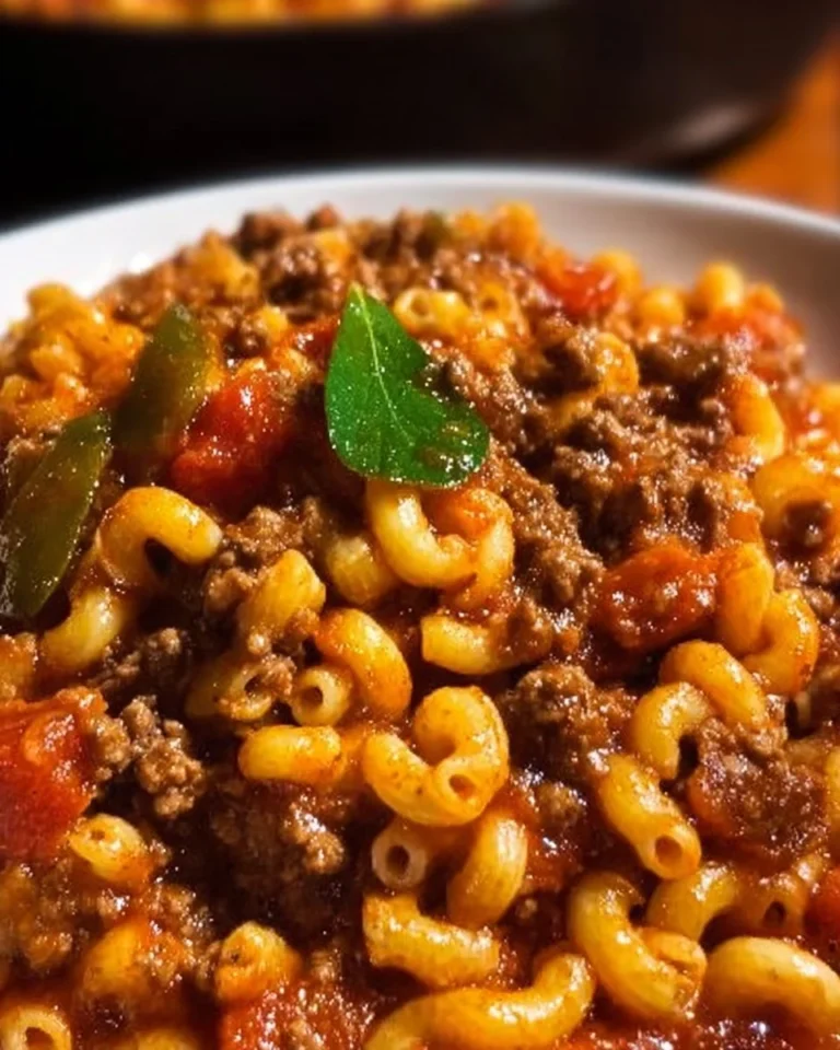 Bowl of easy beef goulash with noodles and herbs