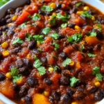 Bowl of easy black bean chili topped with fresh cilantro.