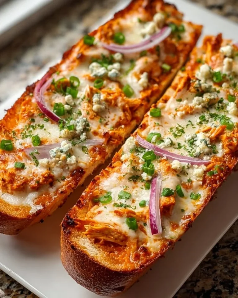 Easy Buffalo Chicken French Bread Pizza topped with cheese and spicy sauce