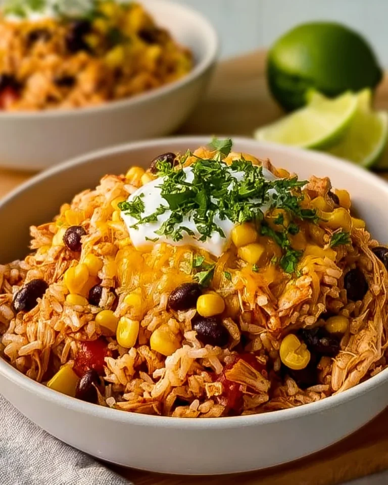 Easy chicken taco rice bowl with colorful toppings in a serving dish.