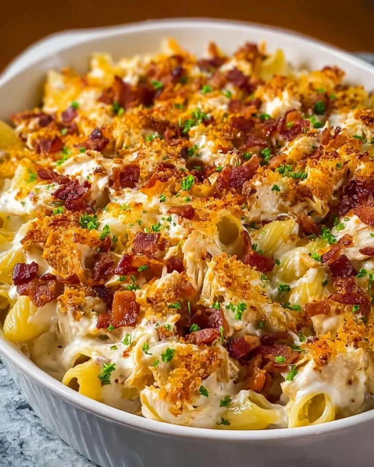 Easy Crack Chicken Casserole with creamy sauce and toppings