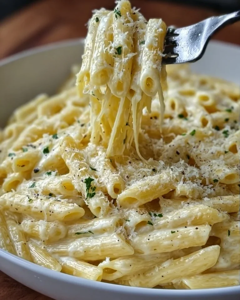 Creamy easy garlic parmesan pasta garnished with parsley and parmesan cheese